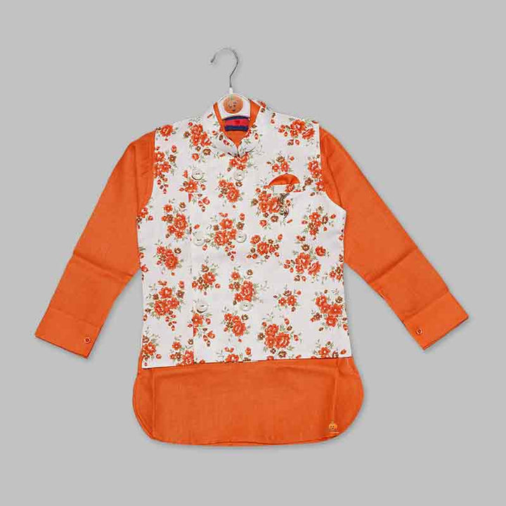 Solid Orange Boys Kurta Pajama with Jacket Top View