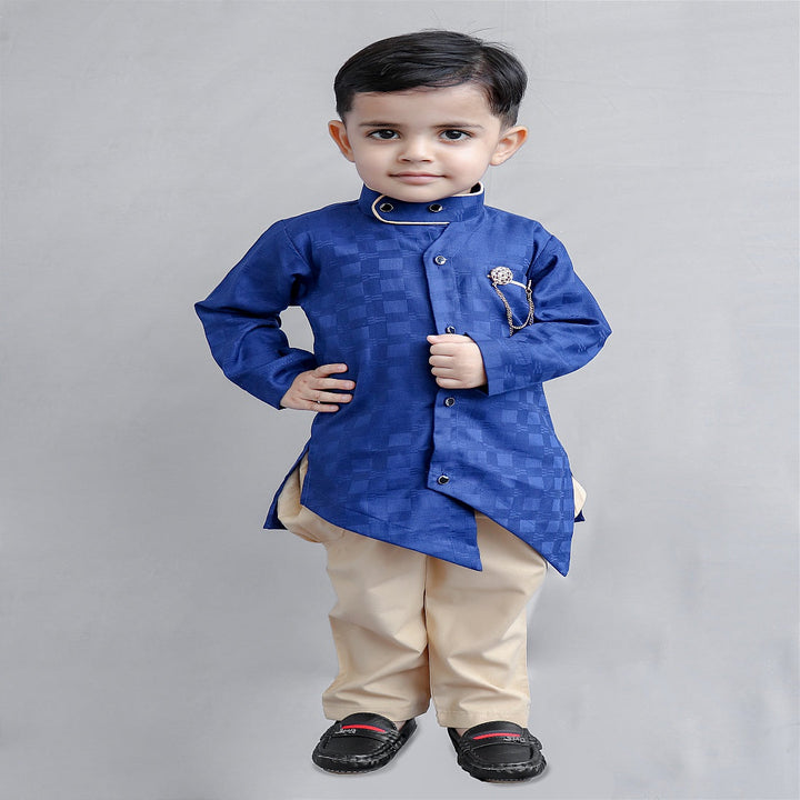 Asymmetric Boys Kurta Pajama in Checks Pattern Front View