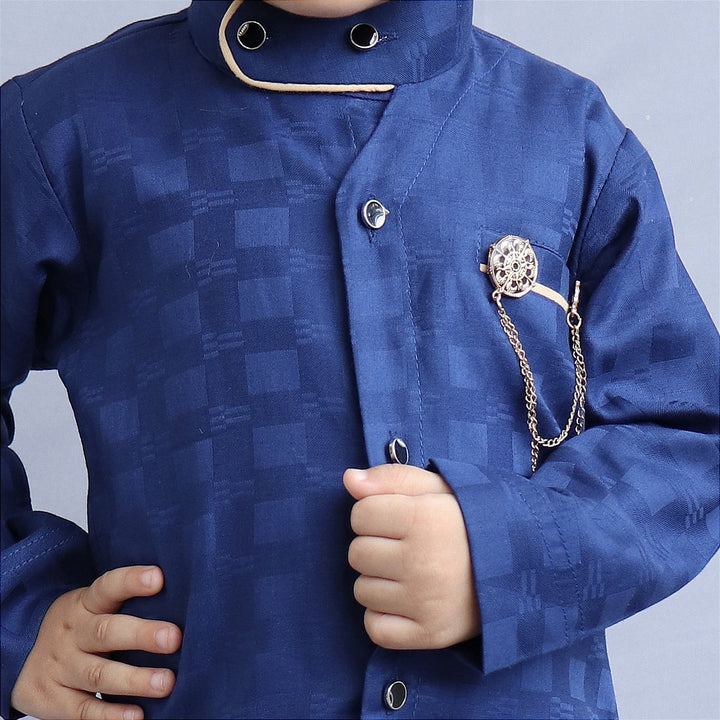 Asymmetric Boys Kurta Pajama in Checks Pattern Close Up View