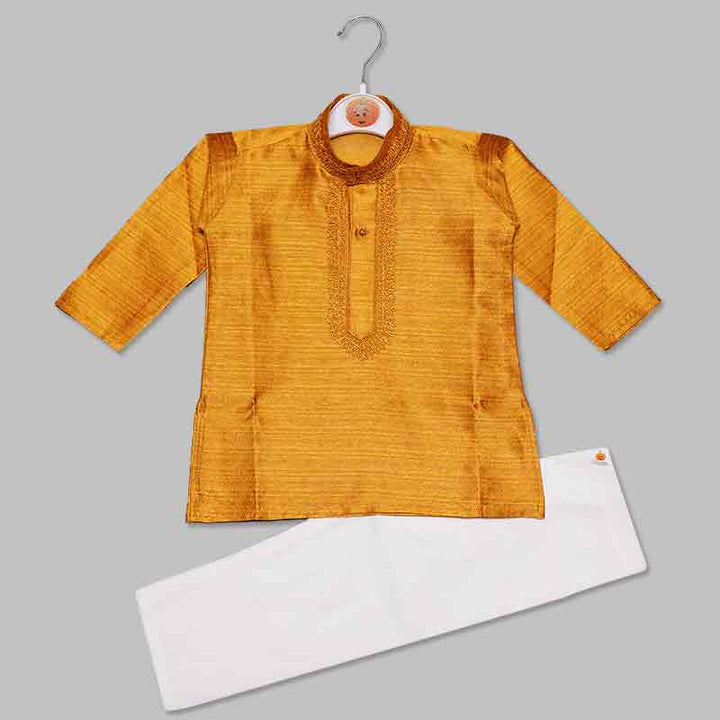 Solid Yellow Designer Boys Kurta Pajama Front View 