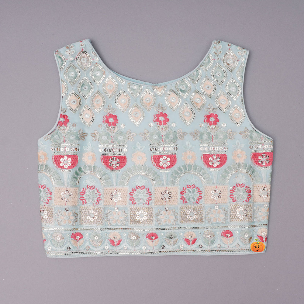 Sky Blue Stitching Embroidery Lehenga Choli for Girls Top View