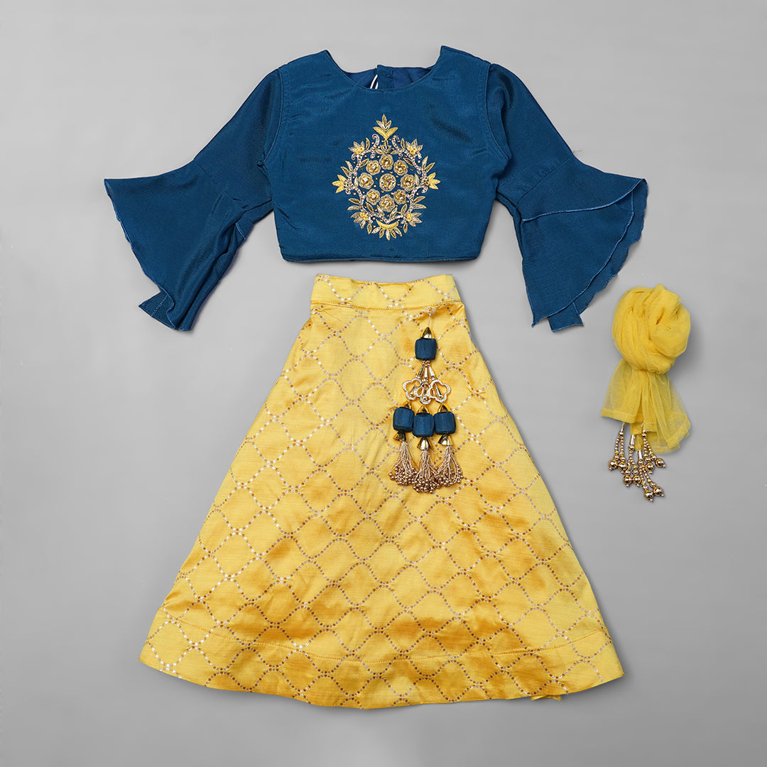 Blue & Yellow Girls Lehenga Choli Front View