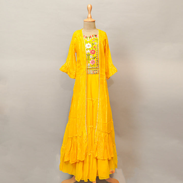 Floral Print Kids Lehenga Choli In Yellow Color