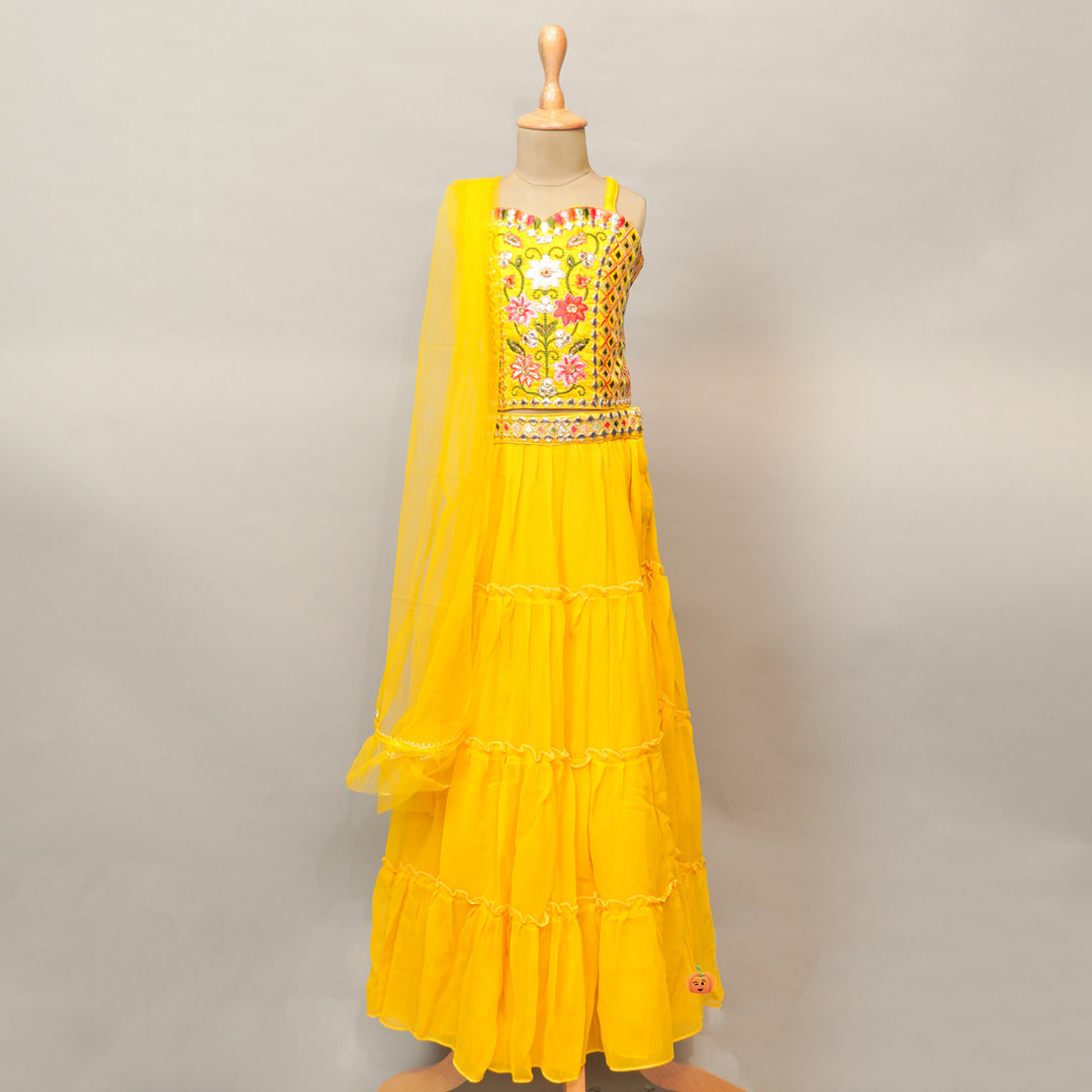 Floral Print Kids Lehenga Choli In Yellow Color
