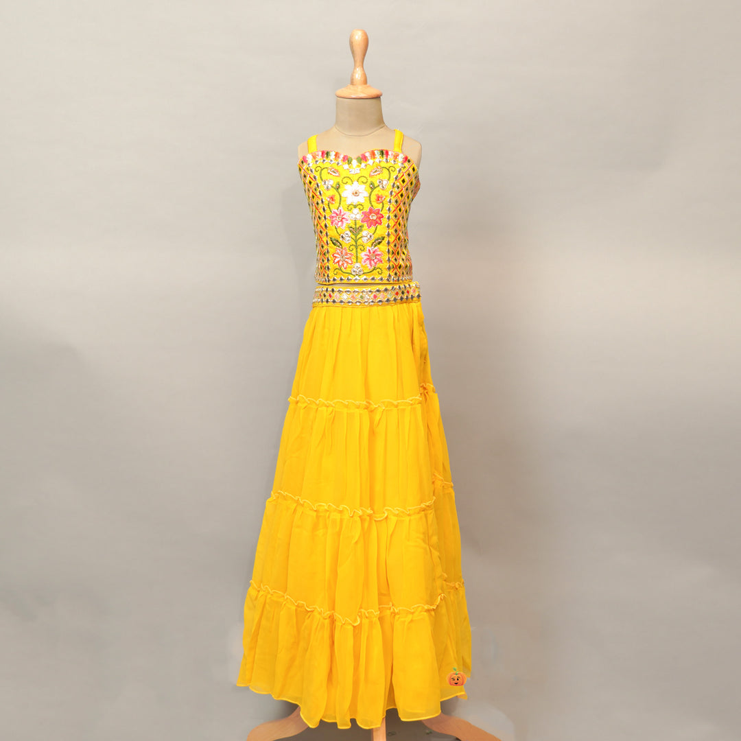 Floral Print Kids Lehenga Choli In Yellow Color