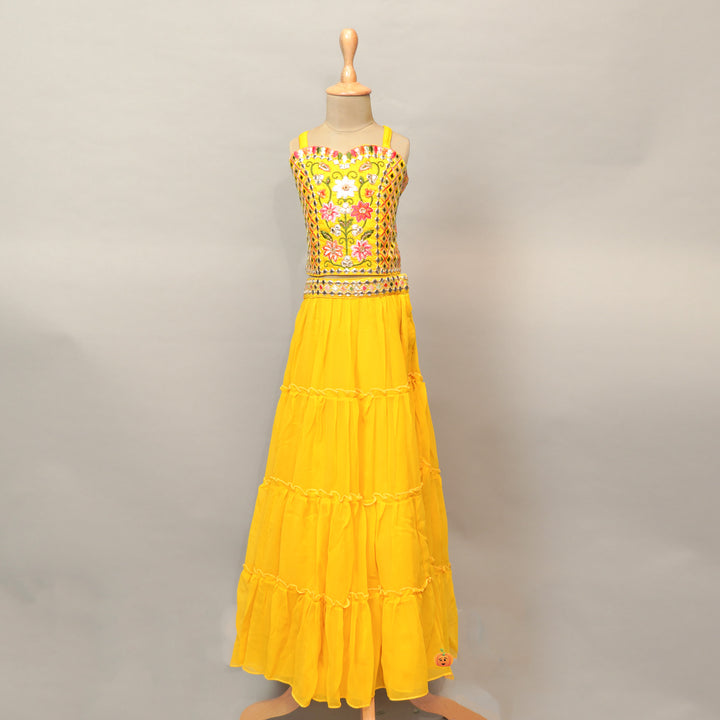Floral Print Kids Lehenga Choli In Yellow Color