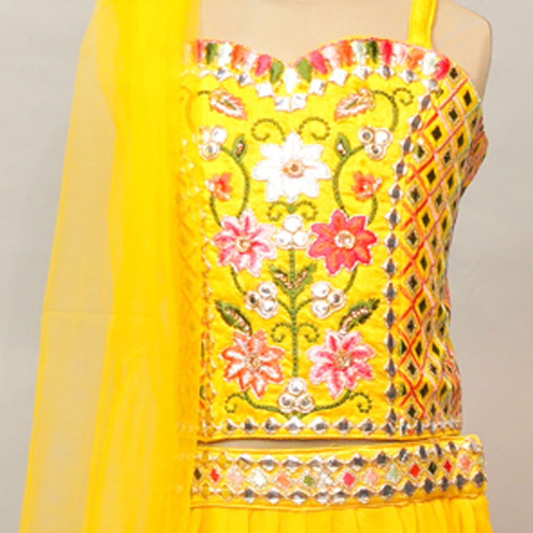 Floral Print Kids Lehenga Choli In Yellow Color