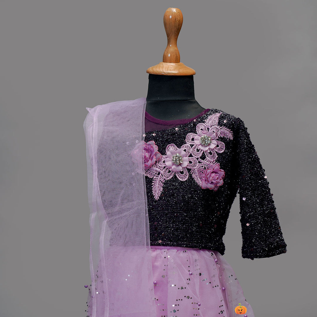 Purple Layered Girls Lehenga Choli Close Up View