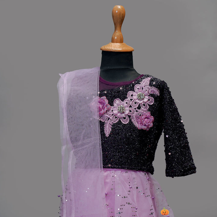 Purple Layered Girls Lehenga Choli Close Up View