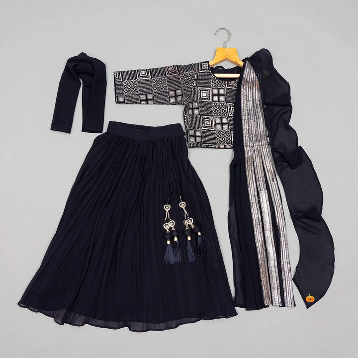 Wine & Navy Blue Fancy Work Lehenga Choli for Girls Front View