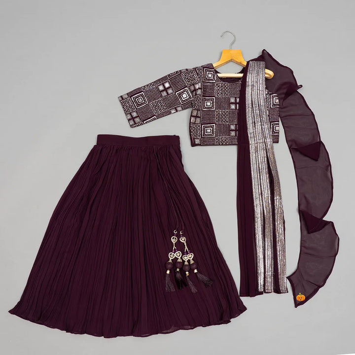Wine & Navy Blue Fancy Work Lehenga Choli for Girls Front View