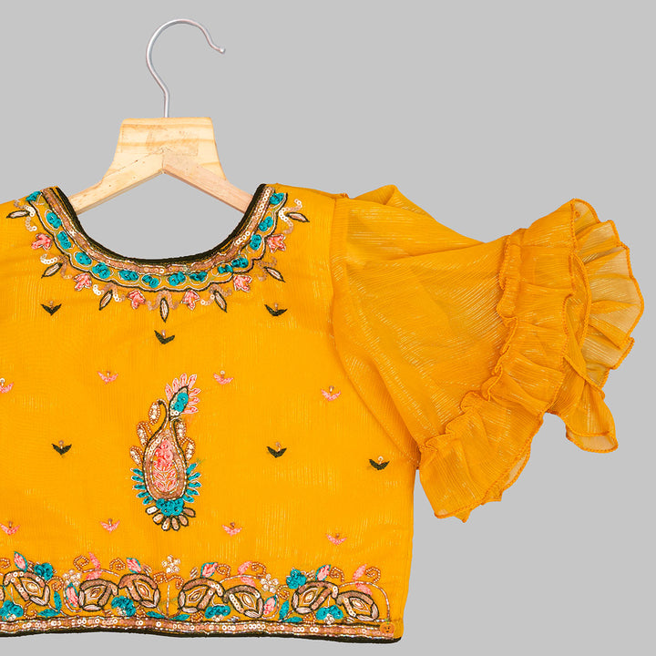 Golden Embellished Girls Lehenga Choli Close Up View