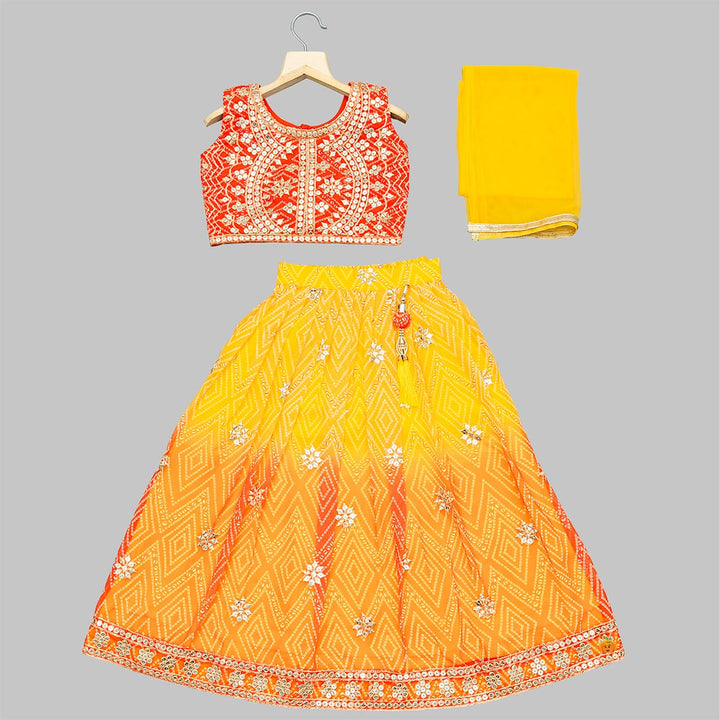 Orange Bandhej Work Lehenga Choli for Girls Front View