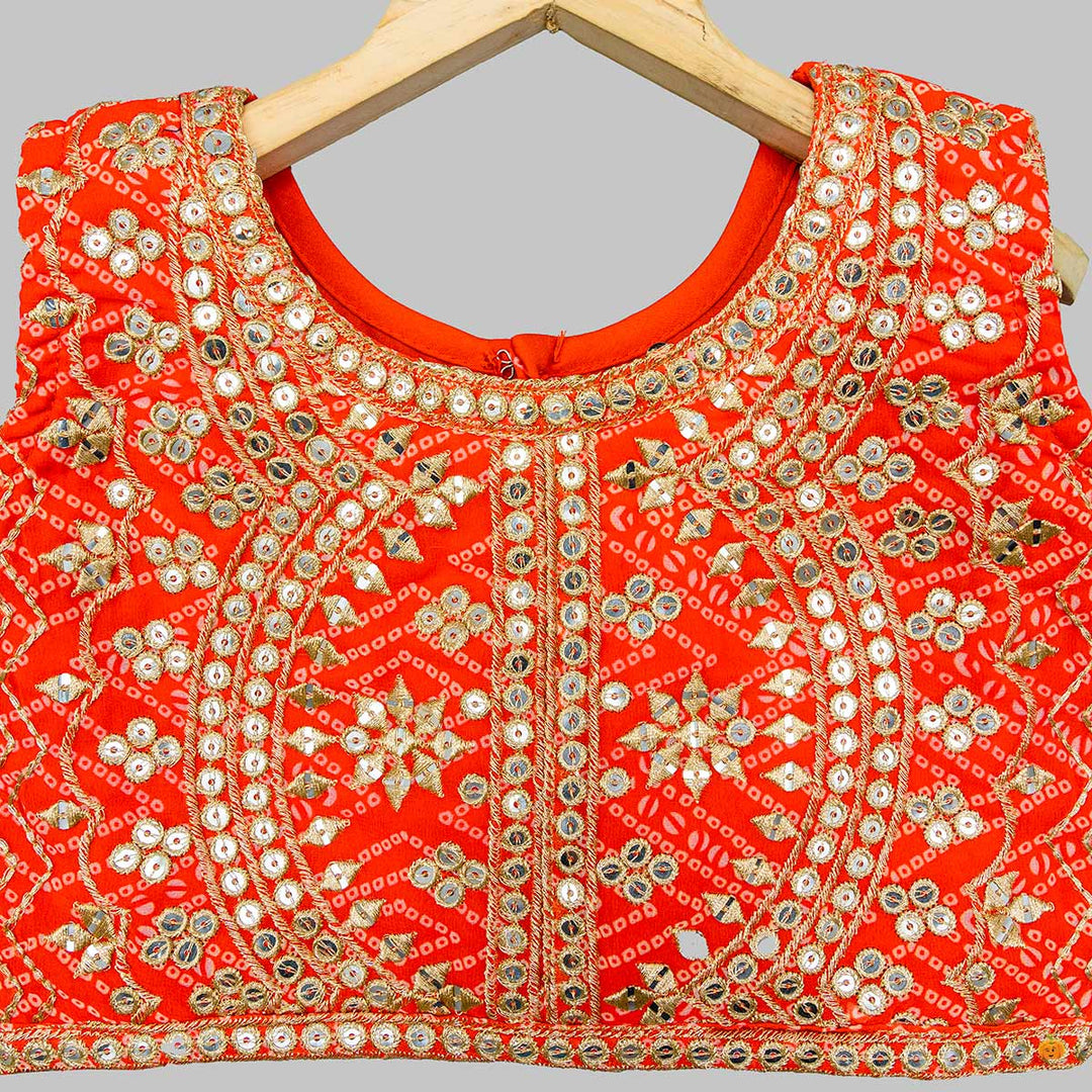 Orange Bandhej Work Lehenga Choli for Girls Close Up View
