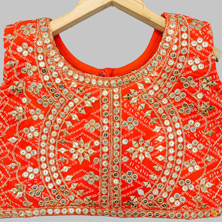 Orange Bandhej Work Lehenga Choli for Girls Close Up View
