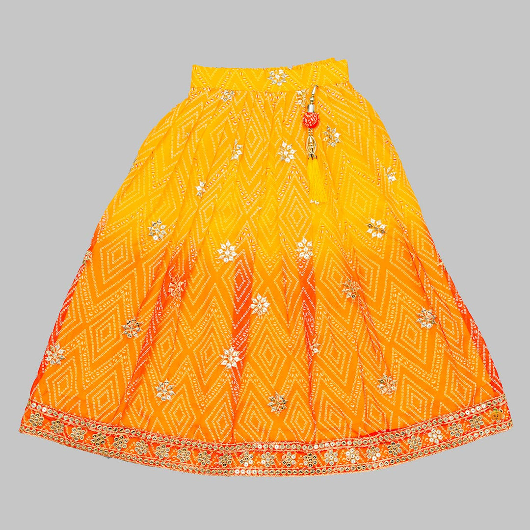 Orange Bandhej Work Lehenga Choli for Girls Bottom View