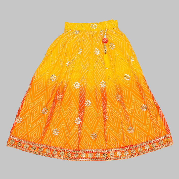 Orange Bandhej Work Lehenga Choli for Girls Bottom View