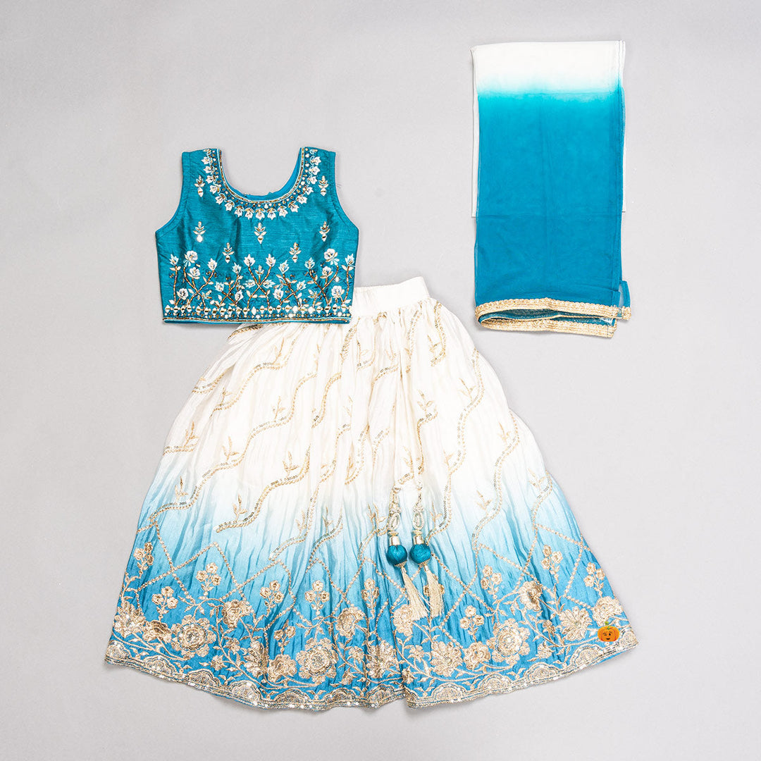 Blue Cream Embroidered Girls Lehenga Choli