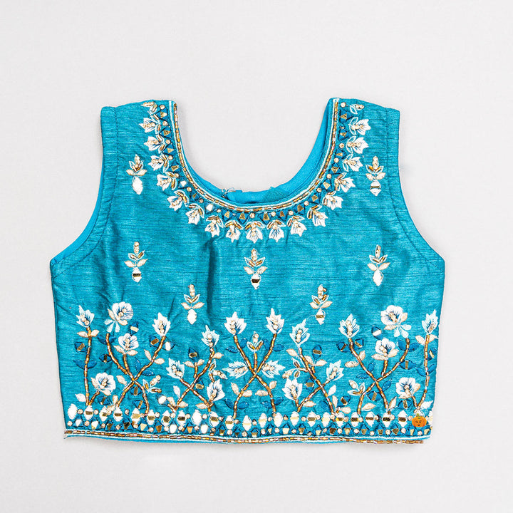 Blue Cream Embroidered Girls Lehenga Choli