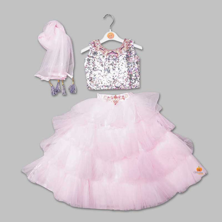 Pink Lehenga Choli for Kid Girls with Layered Pattern