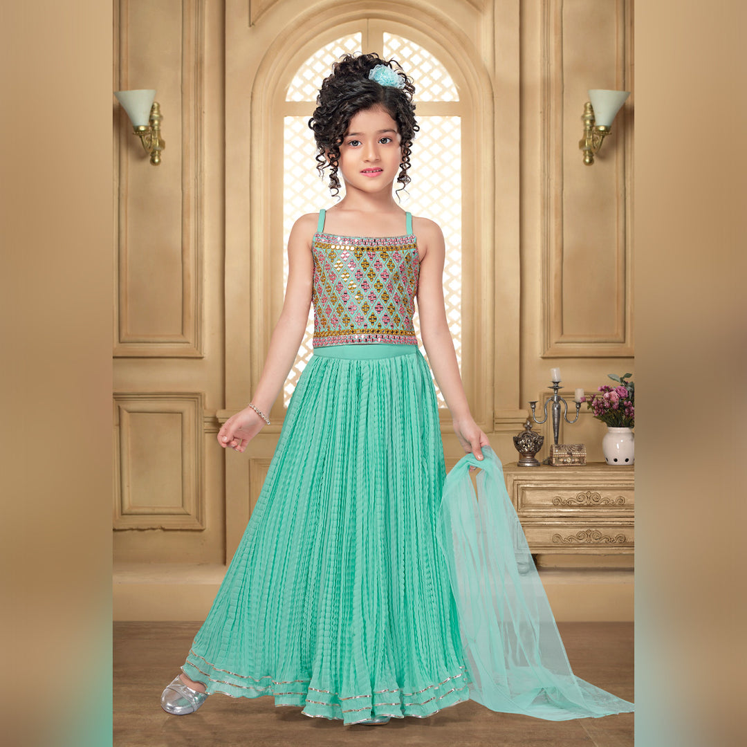 Sea Green Girls Lehenga Choli Model Image Front View
