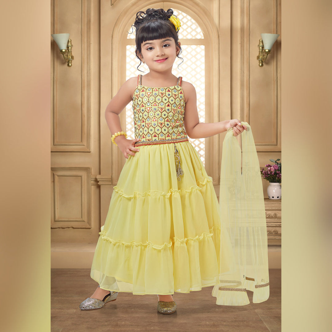 Party Wear Lemon Girls Lehenga Choli Model Image Front View