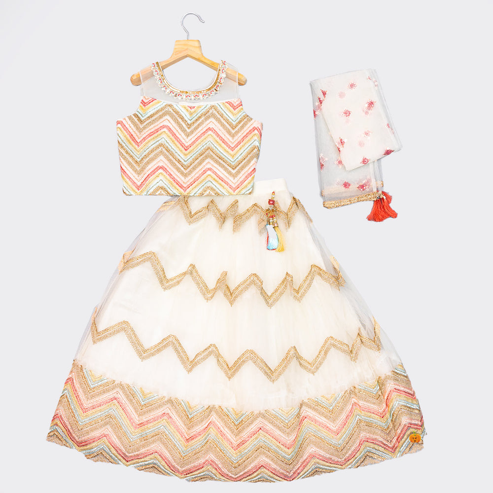 Cream Zig Zag Pattern Girls Lehenga Choli Front View