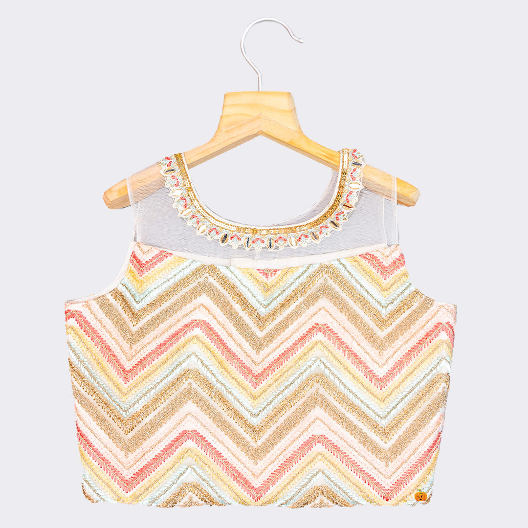 Cream Zig Zag Pattern Girls Lehenga Choli Top View