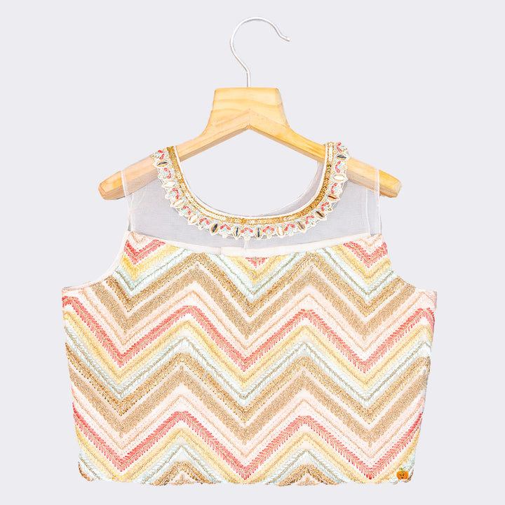 Cream Zig Zag Pattern Girls Lehenga Choli Top View