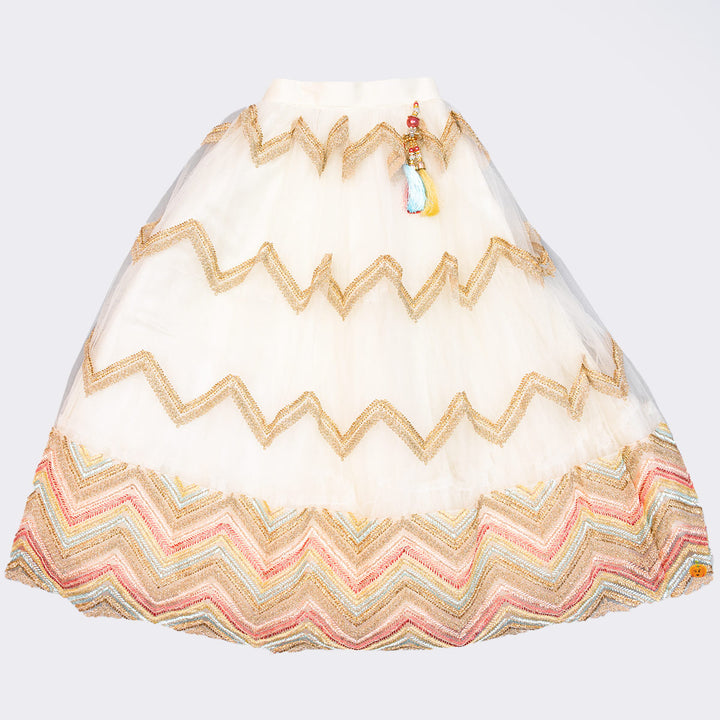 Cream Zig Zag Pattern Girls Lehenga Choli Bottom View