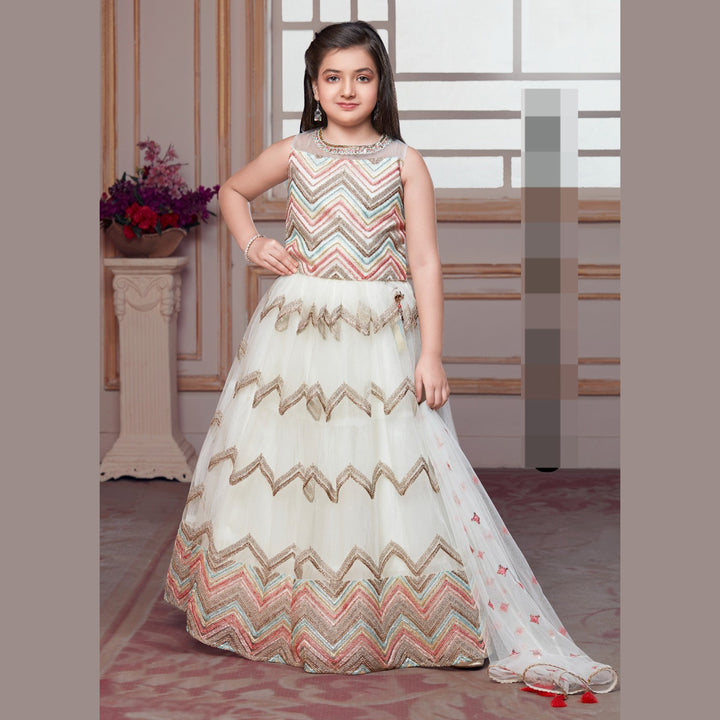 Cream Zig Zag Pattern Girls Lehenga Choli Front View