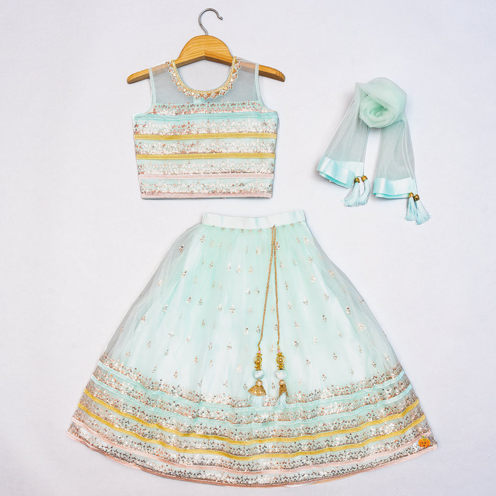 Sea Green Sequin Lehenga Choli for Girls Front View