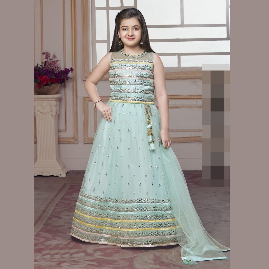 Sea Green Sequin Lehenga Choli for Girls Front View