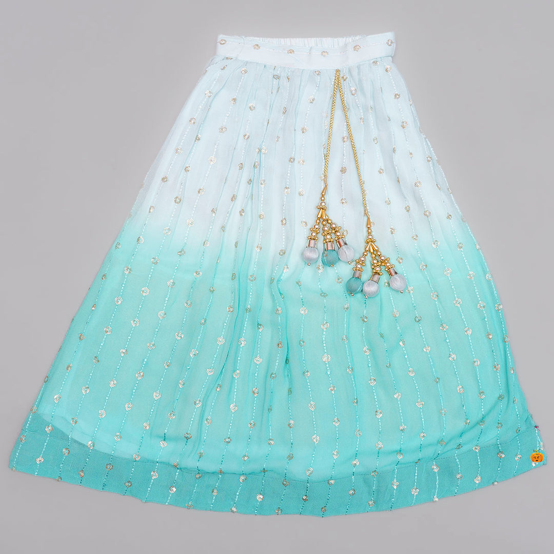 Sea Green Girls Lehenga Choli with Dupatta Bottom Front View