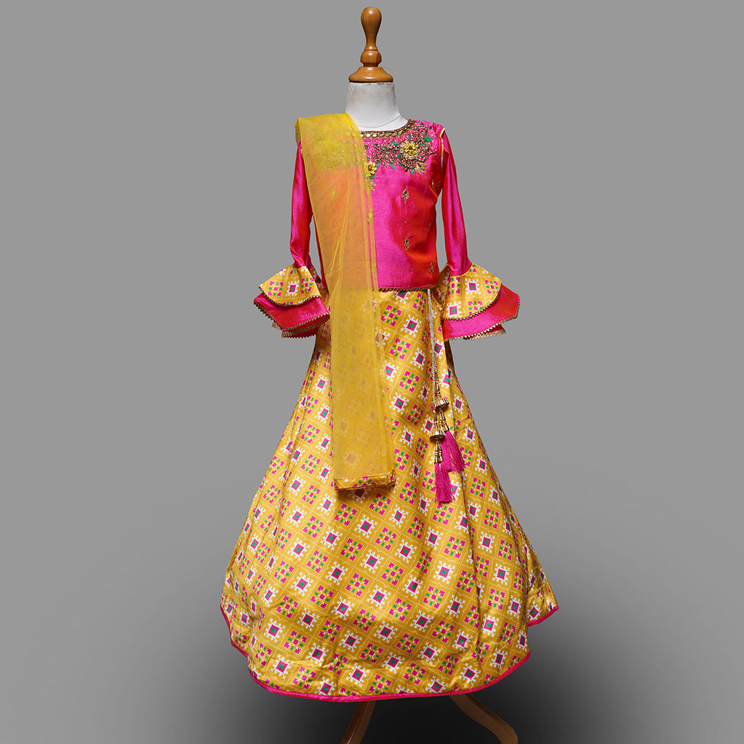 Pink & Yellow Girls Lehenga Choli Front View