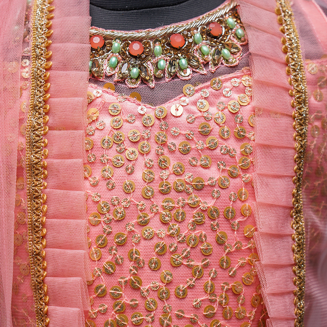 Peach Girls Lehenga Choli Close Up View