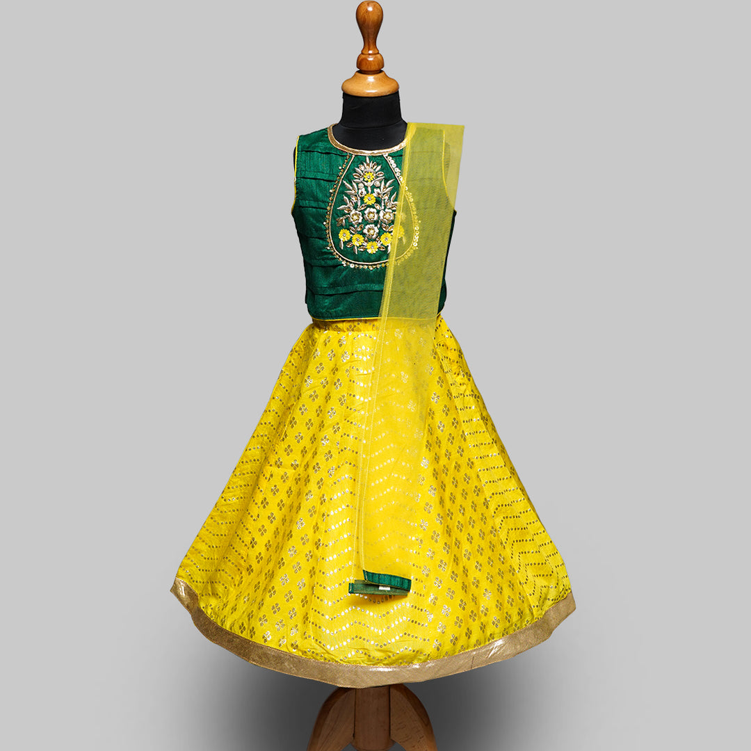 Green & Yellow Girls Lehenga Choli Front View