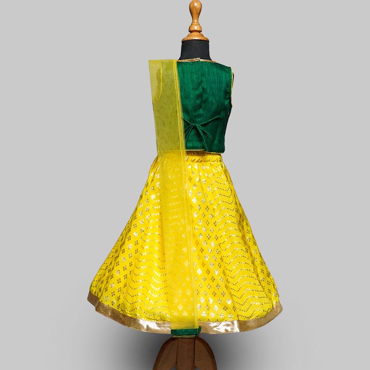 Green & Yellow Girls Lehenga Choli Back View