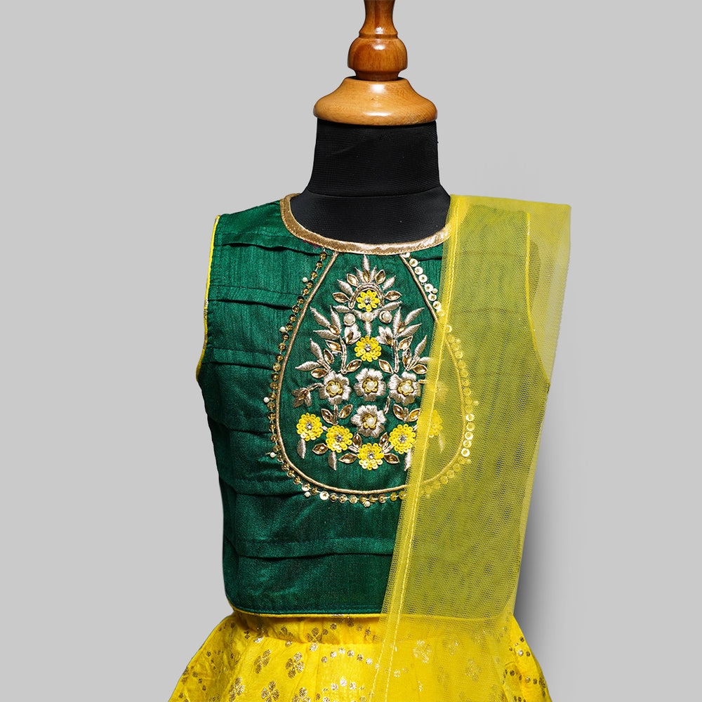 Green & Yellow Girls Lehenga Choli Close Up View