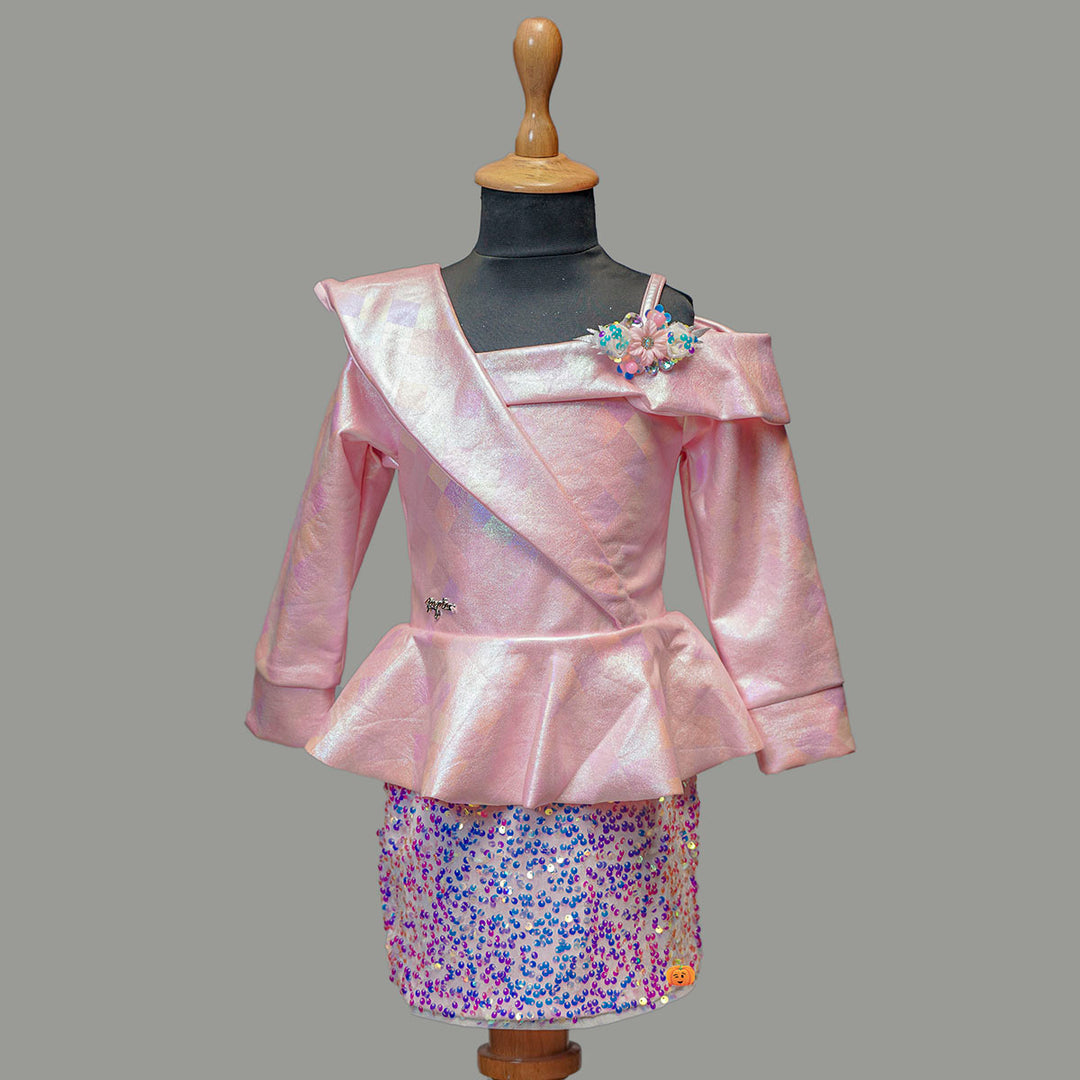 Pink Off-Shoulder Sequin Girls Midi Front View