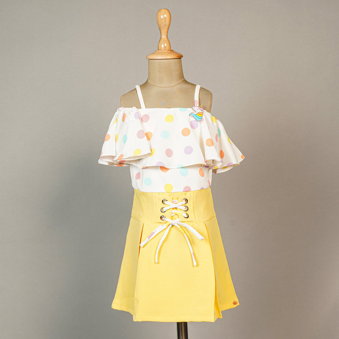 Yellow Pink Polka Dots Girls Midi Front View