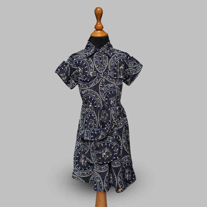 Black-Navy Blue Printed Girls Midi Front View