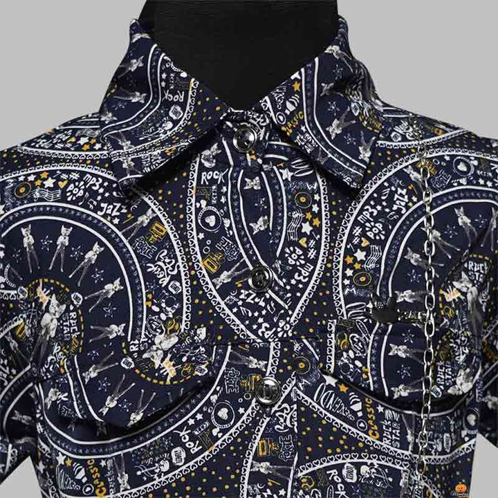 Black-Navy Blue Printed Girls Midi Close Up View