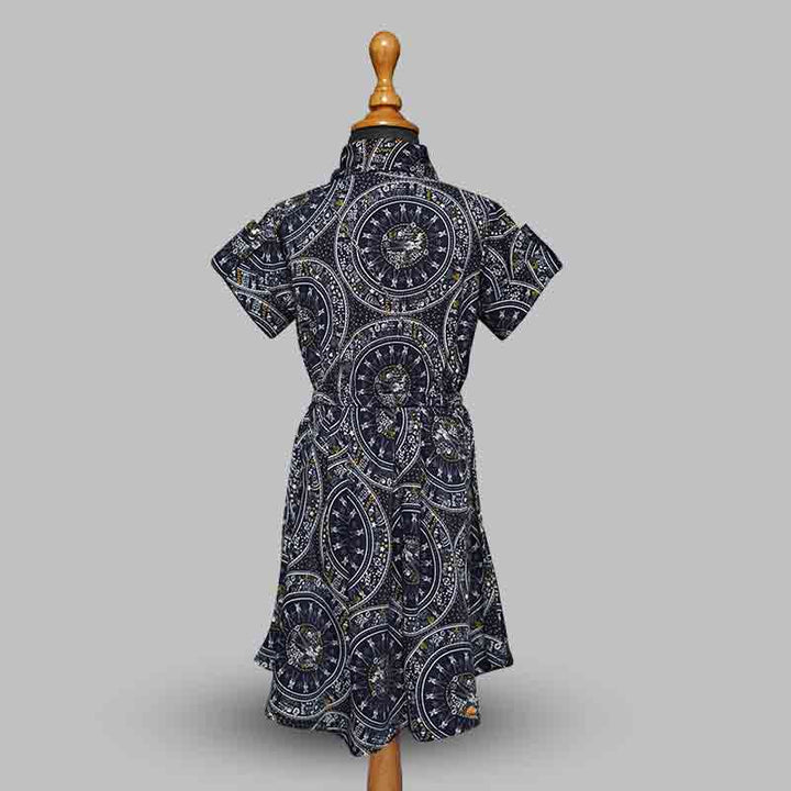 Black-Navy Blue Printed Girls Midi Back View