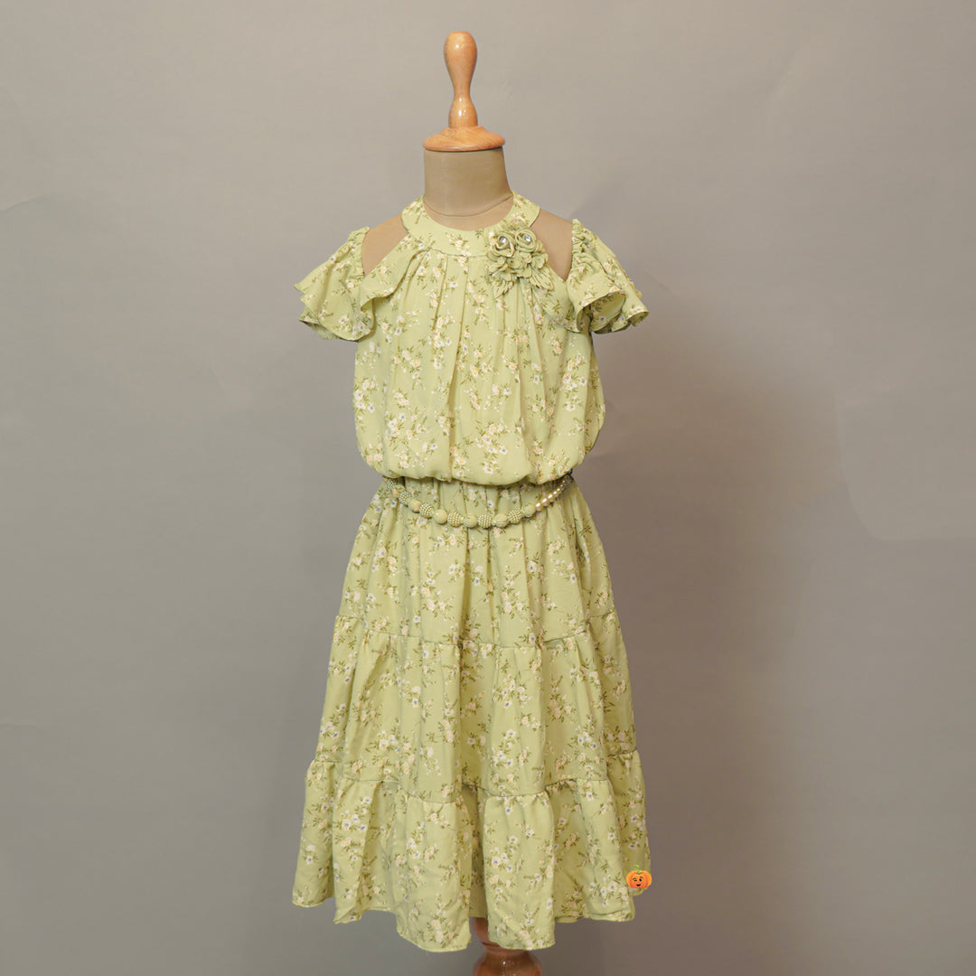 Green Floral Print Girls Midi Front View