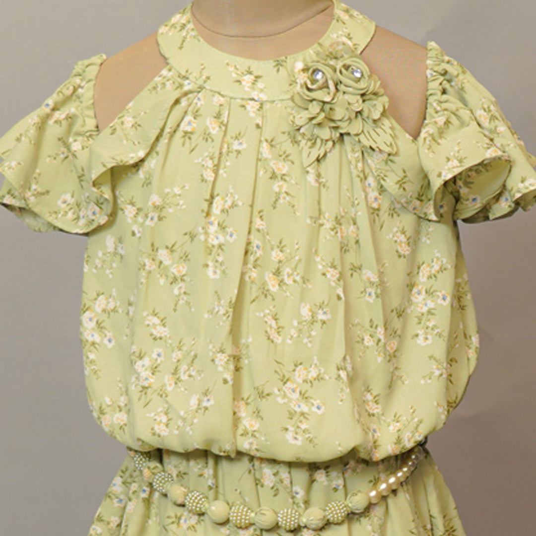 Green Floral Print Girls Midi Close Up View