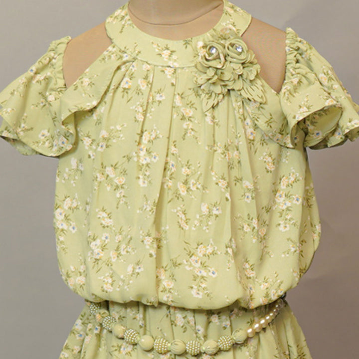 Green Floral Print Girls Midi Close Up View