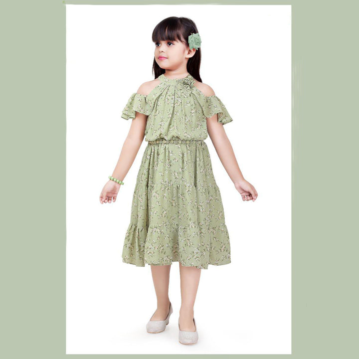 Green Floral Print Girls Midi  Front View