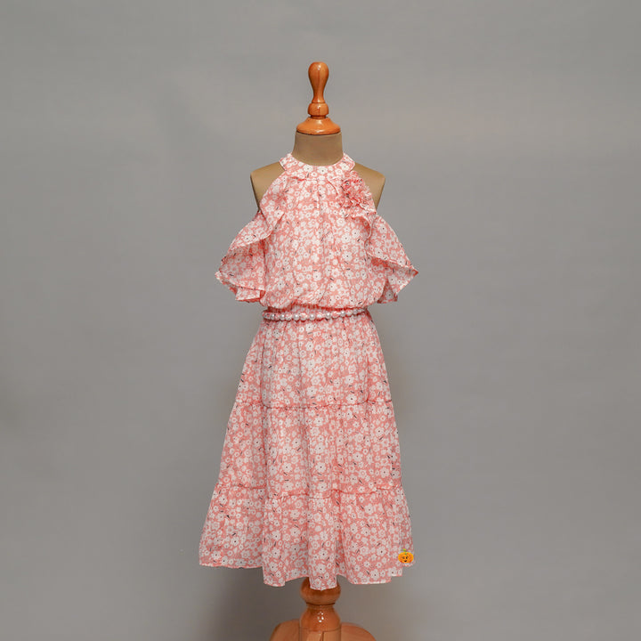 Pink Floral Print Midi Dress For Girls