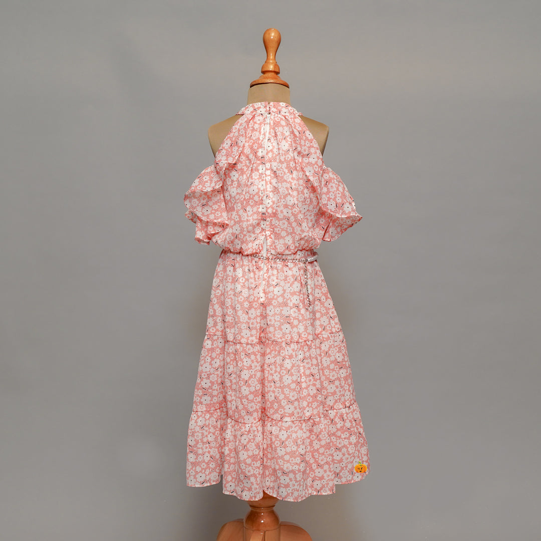 Pink Floral Print Midi Dress For Girls